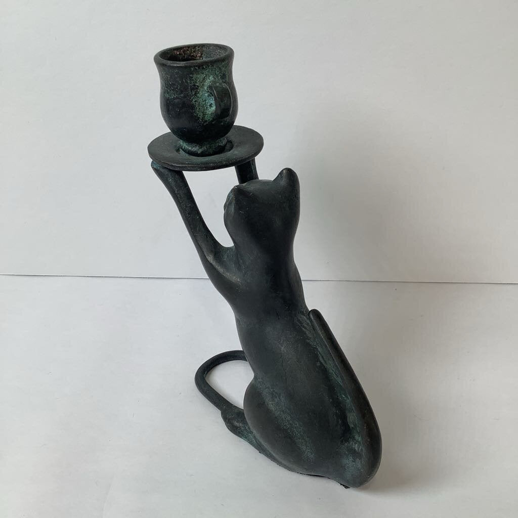Vintage Verdigris Iron Cat Candle Holder