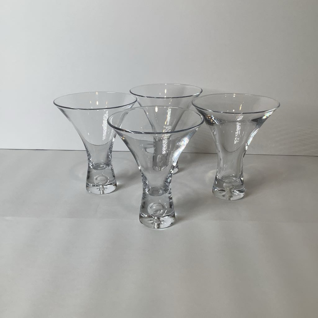 Mid Century Modern Martini Set of Blown Glass w/ Flared Rim & Controlled Bubble at Base