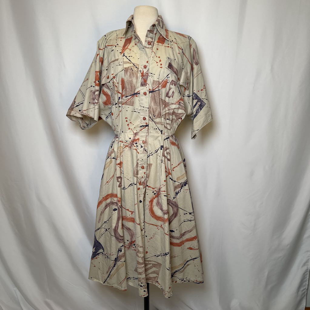 1980s Abstract Print Fit and Flare Dress with pockets