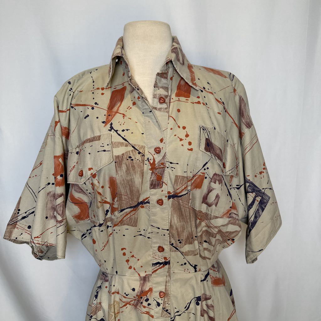 1980s Abstract Print Fit and Flare Dress with pockets