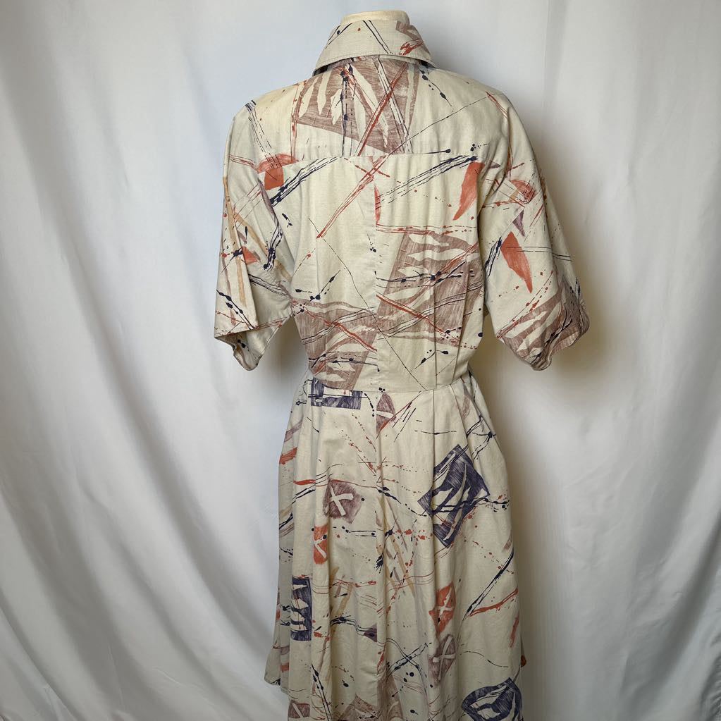 1980s Abstract Print Fit and Flare Dress with pockets
