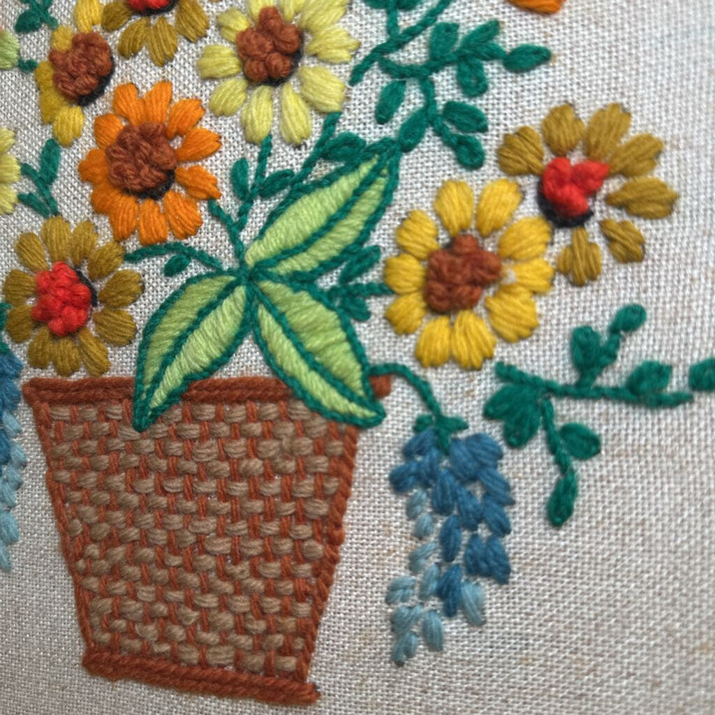 Vintage Crewel Stitch Floral Basket