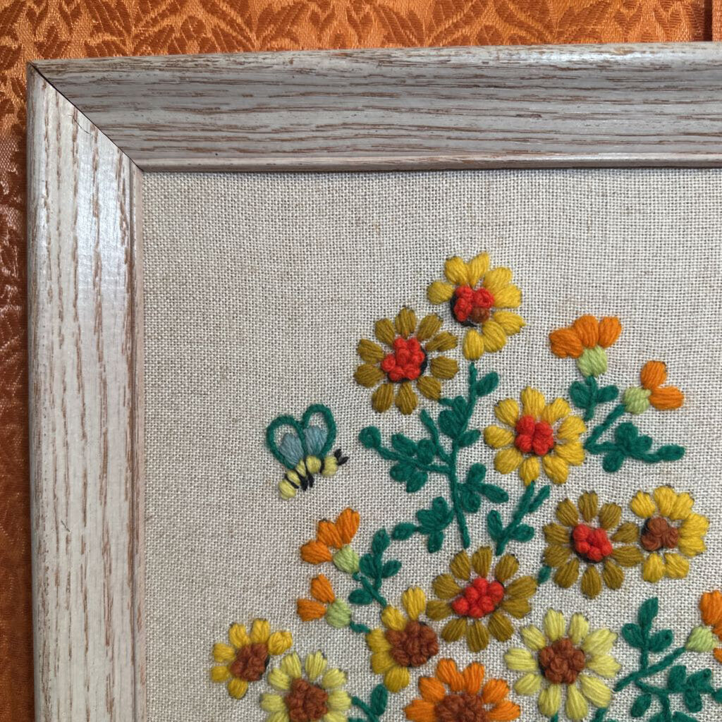 Vintage Crewel Stitch Floral Basket