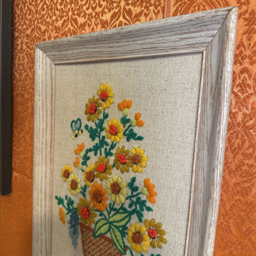 Vintage Crewel Stitch Floral Basket