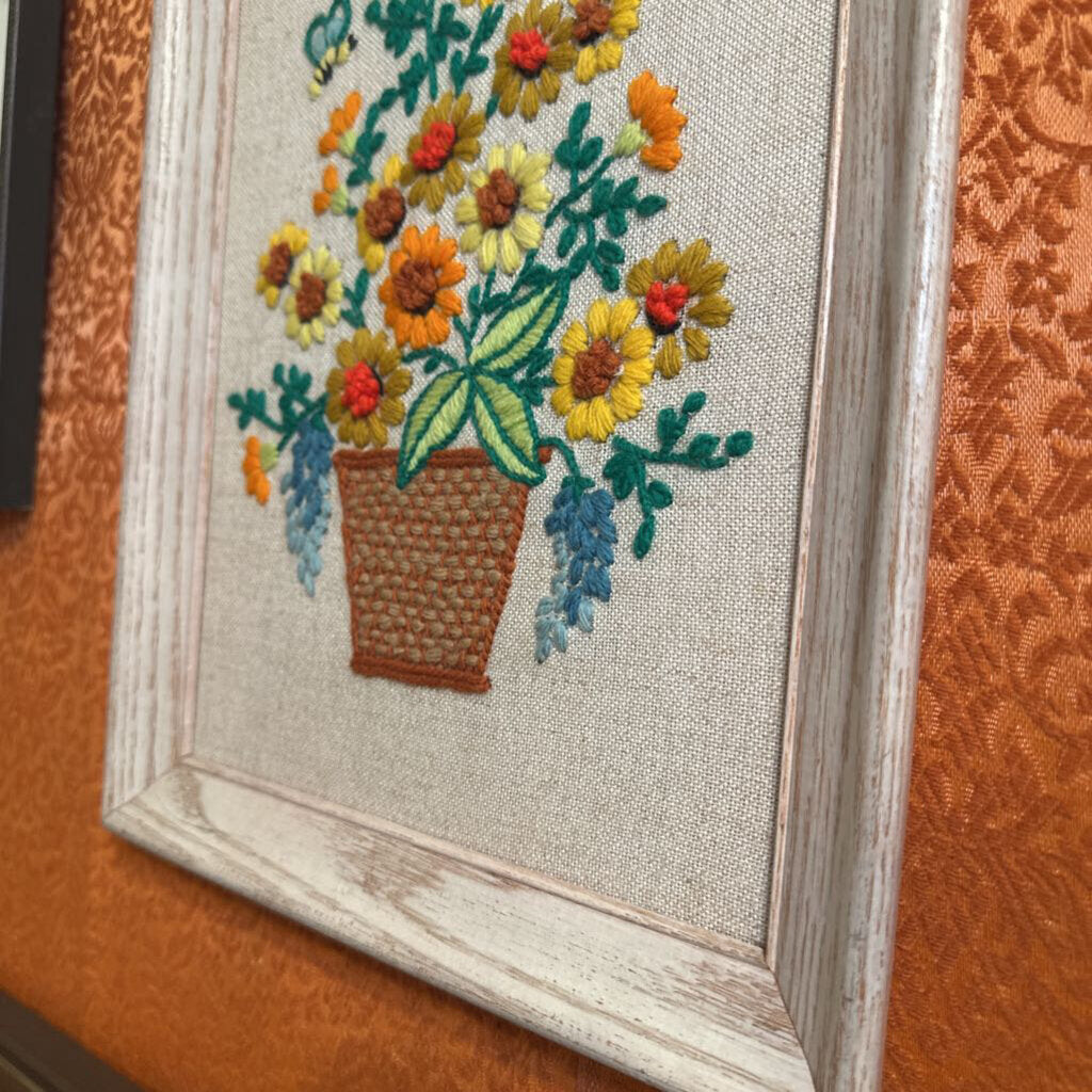 Vintage Crewel Stitch Floral Basket