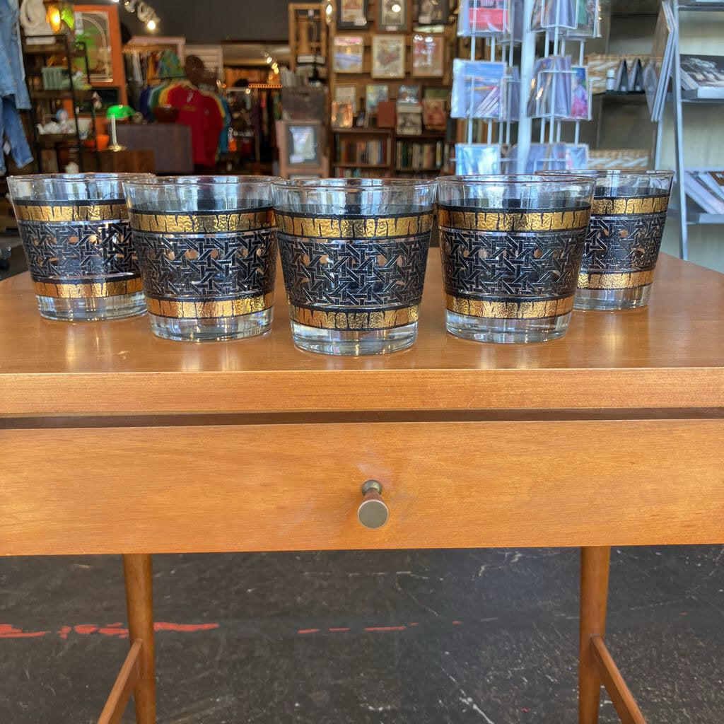 Set of 5 Libbey Gold & Black Rattan Glasses