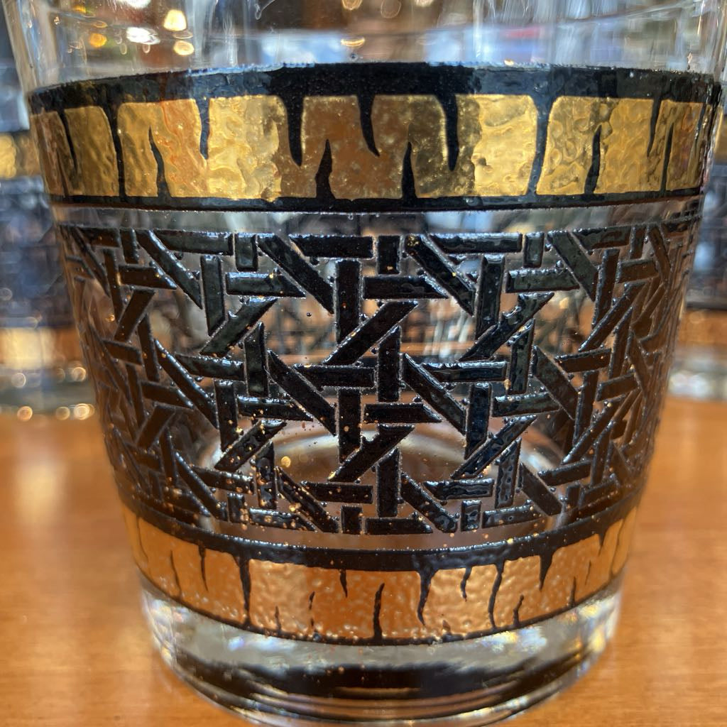 Set of 5 Libbey Gold & Black Rattan Glasses