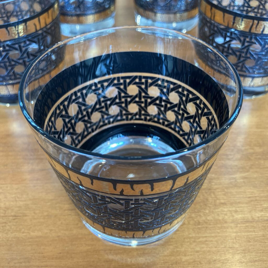 Set of 5 Libbey Gold & Black Rattan Glasses