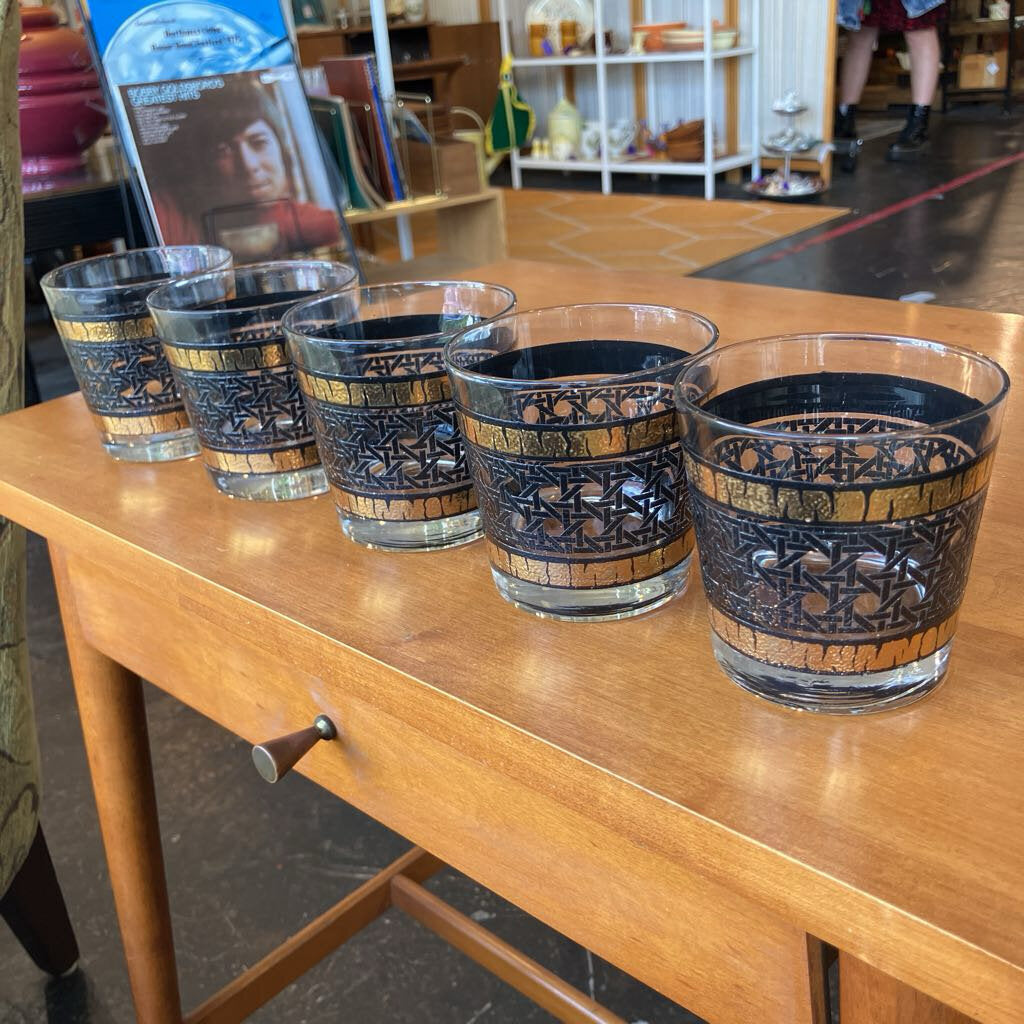Set of 5 Libbey Gold & Black Rattan Glasses