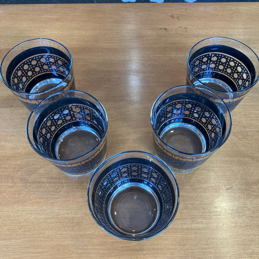 Set of 5 Libbey Gold & Black Rattan Glasses