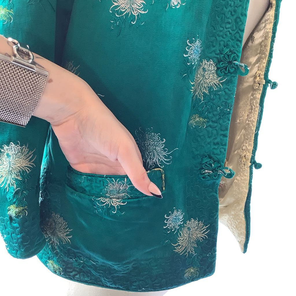 1960s Turquoise Yellow Asian Reversible Brocade Blazer