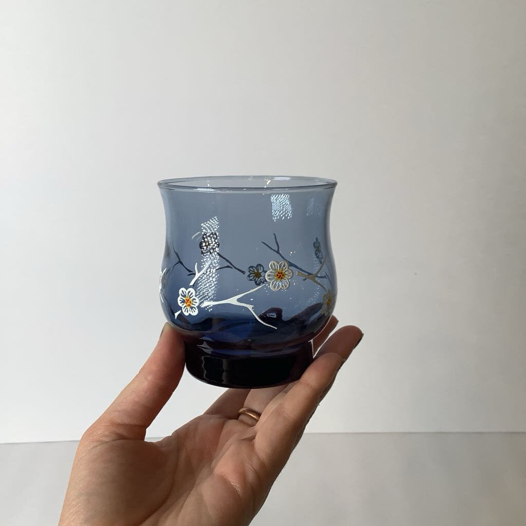 Vintage Libby Smokey Blue Dogwood Flower Rocks Glass Set