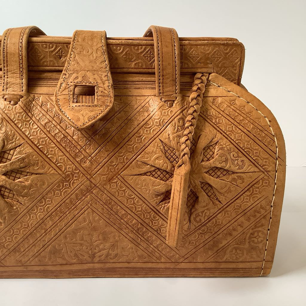 1970s Vintage Tooled Leather Boho Handbag