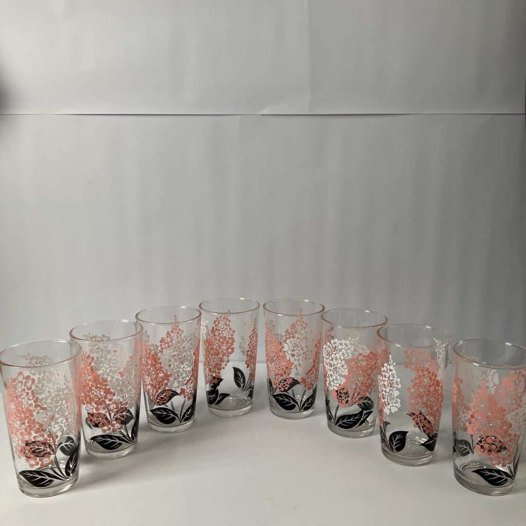 Set of 8 1950s Pink and White Floral Tumbler Glasses