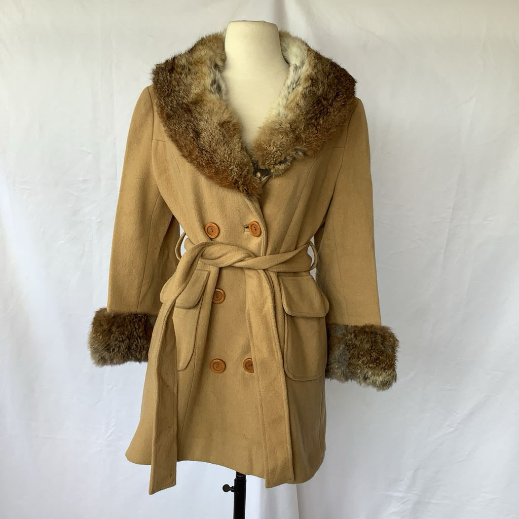 Vintage Double Breasted Wool Jacket w/ Belt, Fur Neck & Wrists