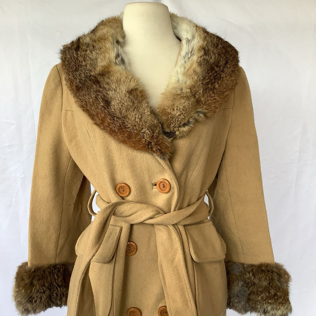 Vintage Double Breasted Wool Jacket w/ Belt, Fur Neck & Wrists