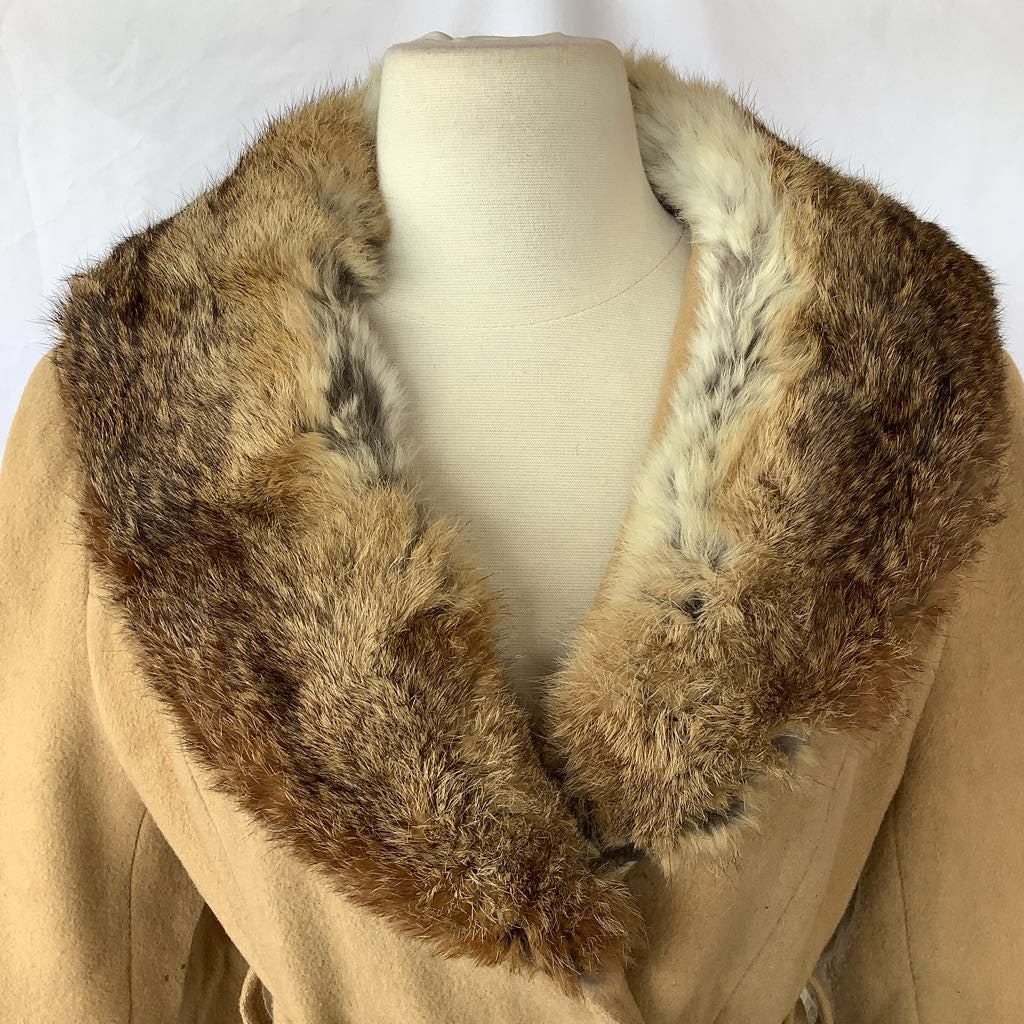 Vintage Double Breasted Wool Jacket w/ Belt, Fur Neck & Wrists
