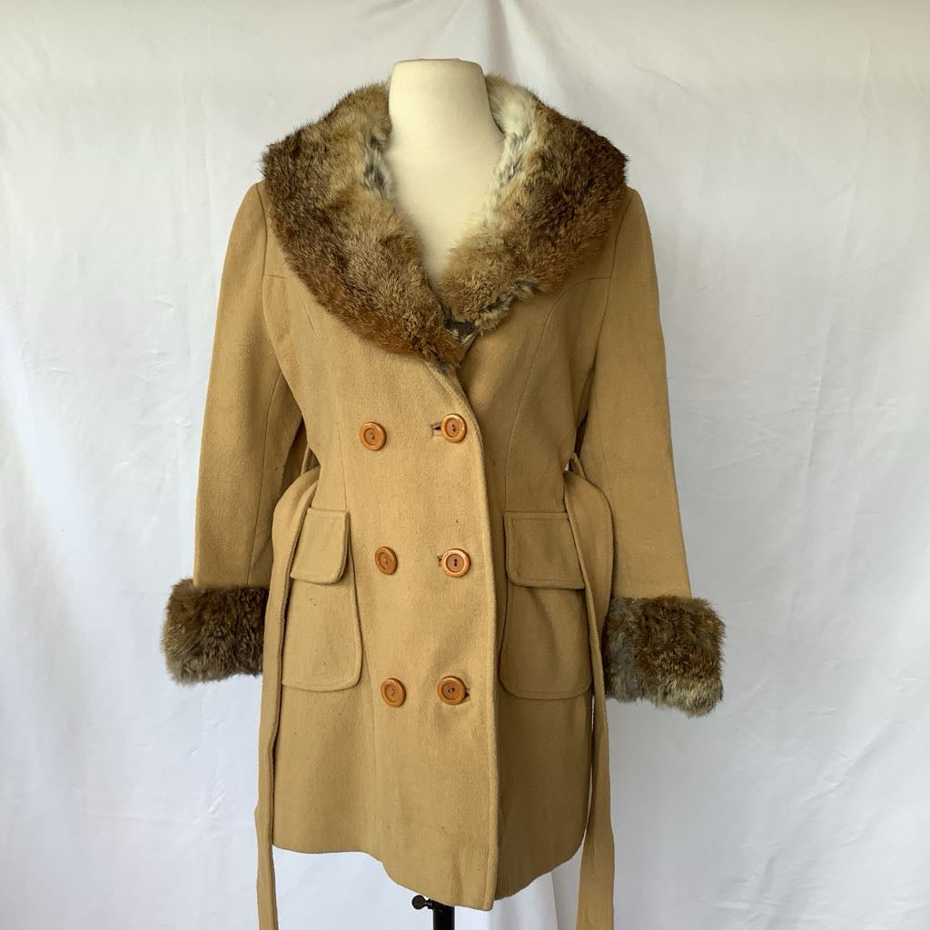 Vintage Double Breasted Wool Jacket w/ Belt, Fur Neck & Wrists