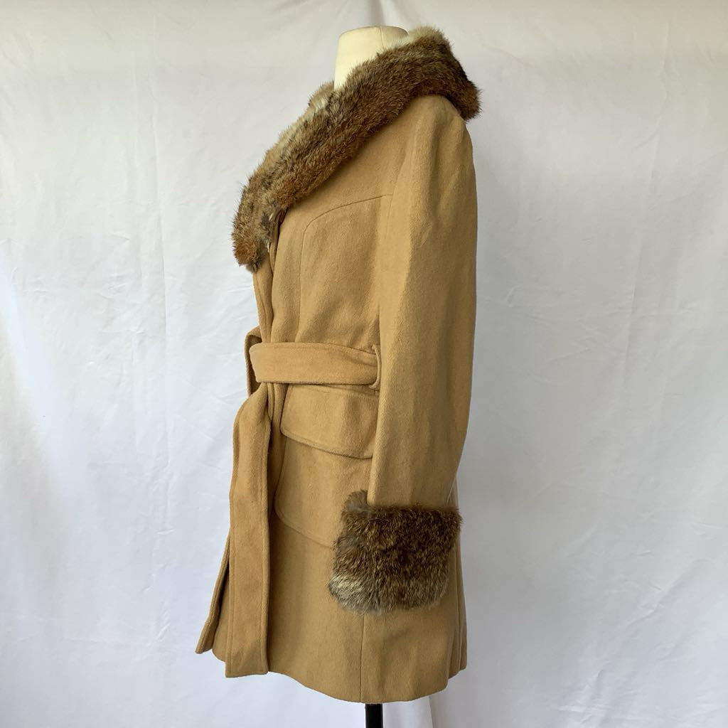 Vintage Double Breasted Wool Jacket w/ Belt, Fur Neck & Wrists