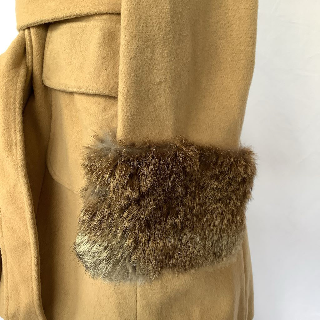 Vintage Double Breasted Wool Jacket w/ Belt, Fur Neck & Wrists