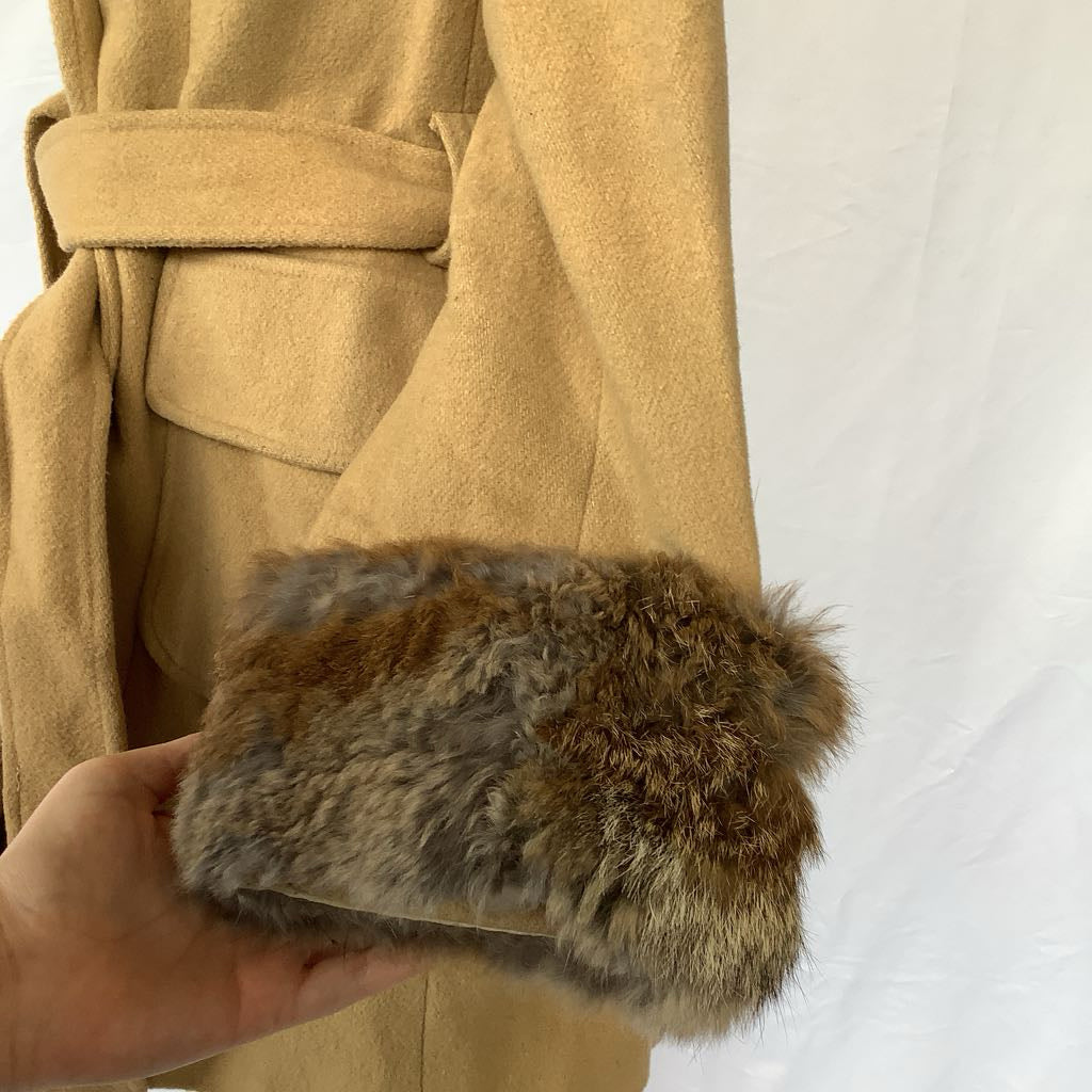 Vintage Double Breasted Wool Jacket w/ Belt, Fur Neck & Wrists