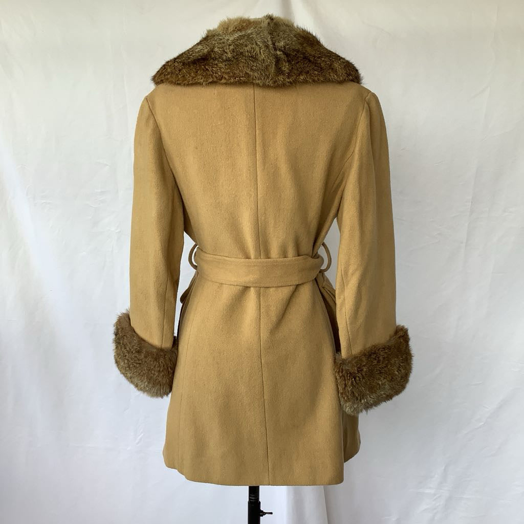Vintage Double Breasted Wool Jacket w/ Belt, Fur Neck & Wrists
