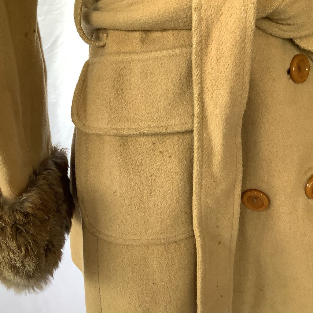 Vintage Double Breasted Wool Jacket w/ Belt, Fur Neck & Wrists