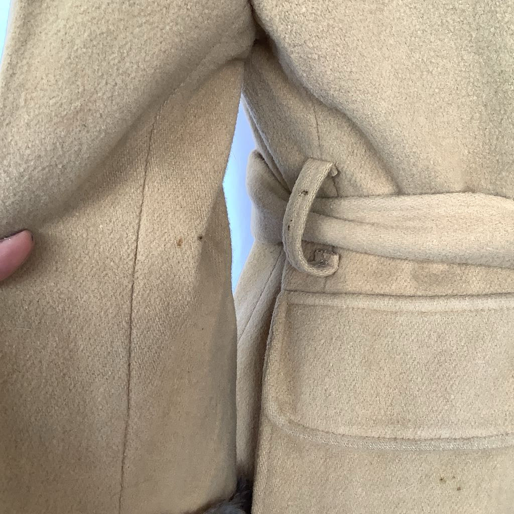 Vintage Double Breasted Wool Jacket w/ Belt, Fur Neck & Wrists