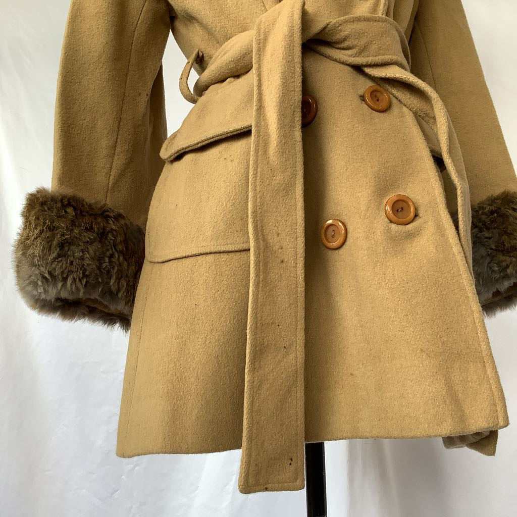 Vintage Double Breasted Wool Jacket w/ Belt, Fur Neck & Wrists
