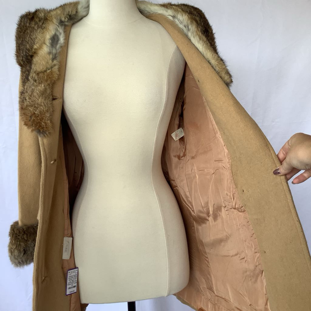 Vintage Double Breasted Wool Jacket w/ Belt, Fur Neck & Wrists