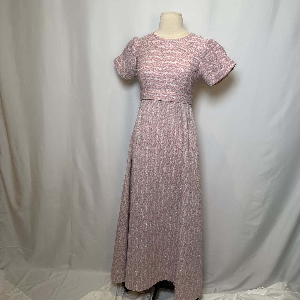 60s Shiny Pink Maxi Dress w/ Metallica Thread