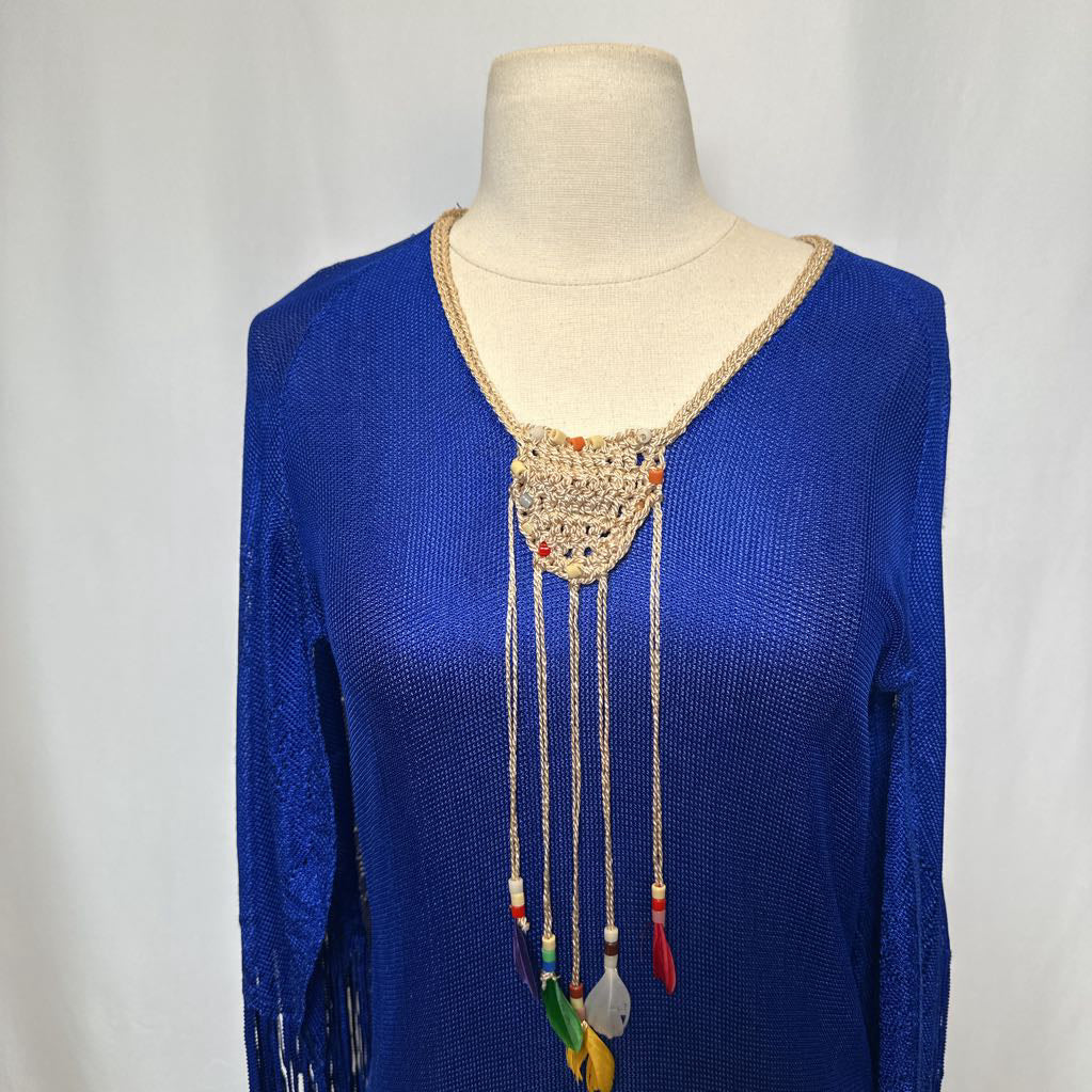 1970s Blue Mesh Maxi w/ Rope Embroidered Neck w/ Feathers & Fringe
