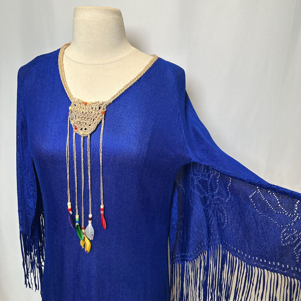 1970s Blue Mesh Maxi w/ Rope Embroidered Neck w/ Feathers & Fringe