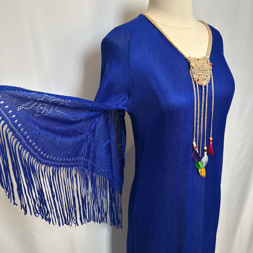 1970s Blue Mesh Maxi w/ Rope Embroidered Neck w/ Feathers & Fringe
