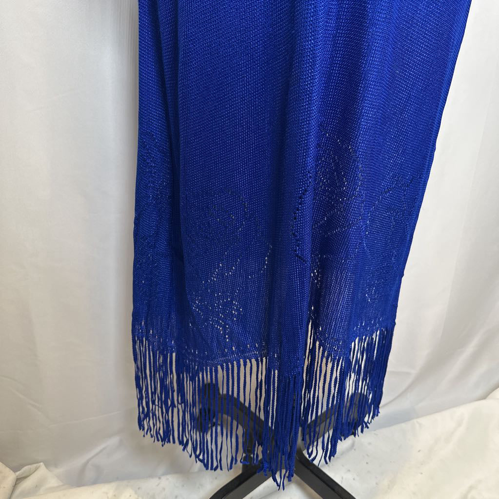 1970s Blue Mesh Maxi w/ Rope Embroidered Neck w/ Feathers & Fringe