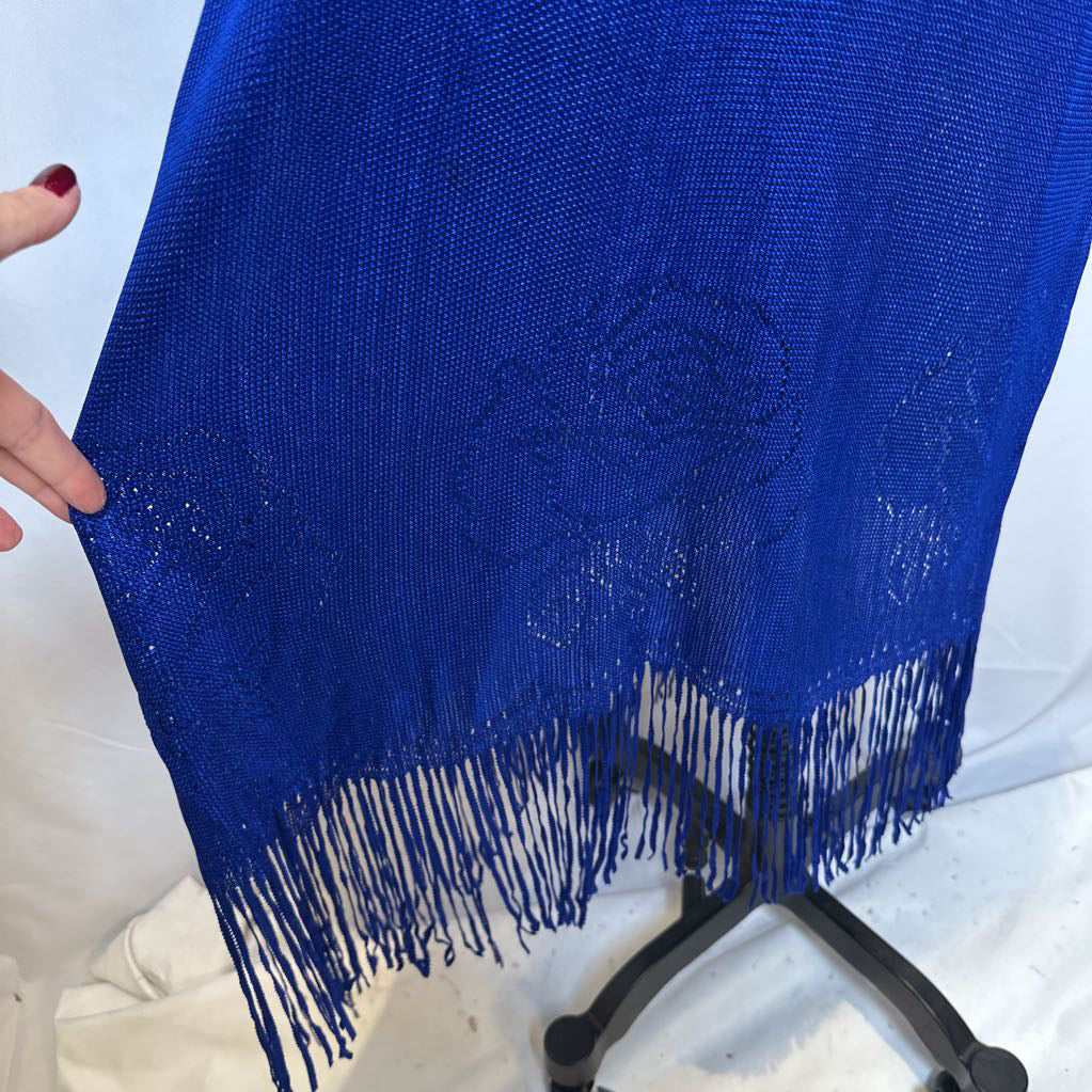 1970s Blue Mesh Maxi w/ Rope Embroidered Neck w/ Feathers & Fringe