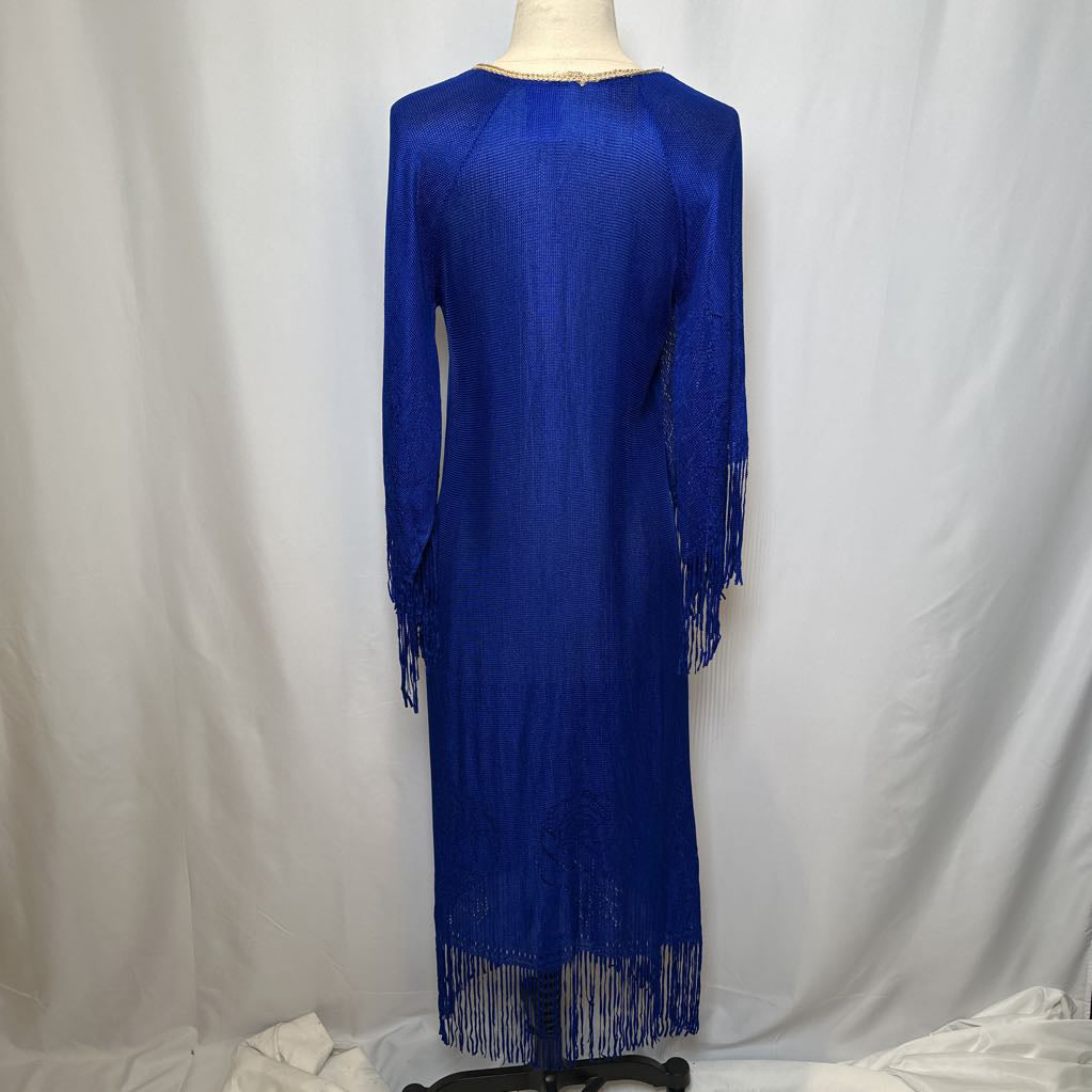 1970s Blue Mesh Maxi w/ Rope Embroidered Neck w/ Feathers & Fringe