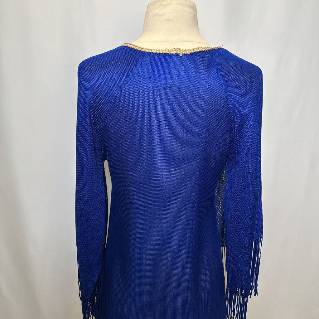1970s Blue Mesh Maxi w/ Rope Embroidered Neck w/ Feathers & Fringe