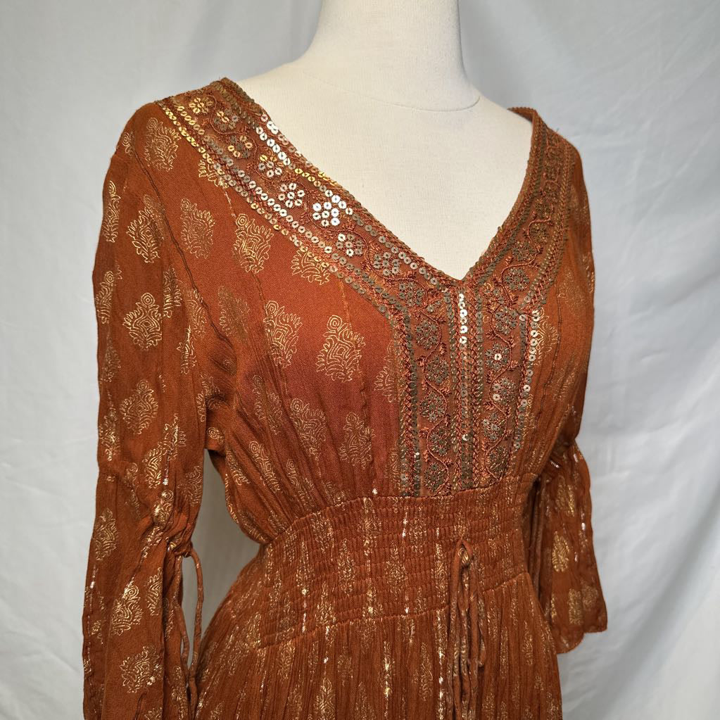 Tan Maxi Boho Dress with Metallic Thread