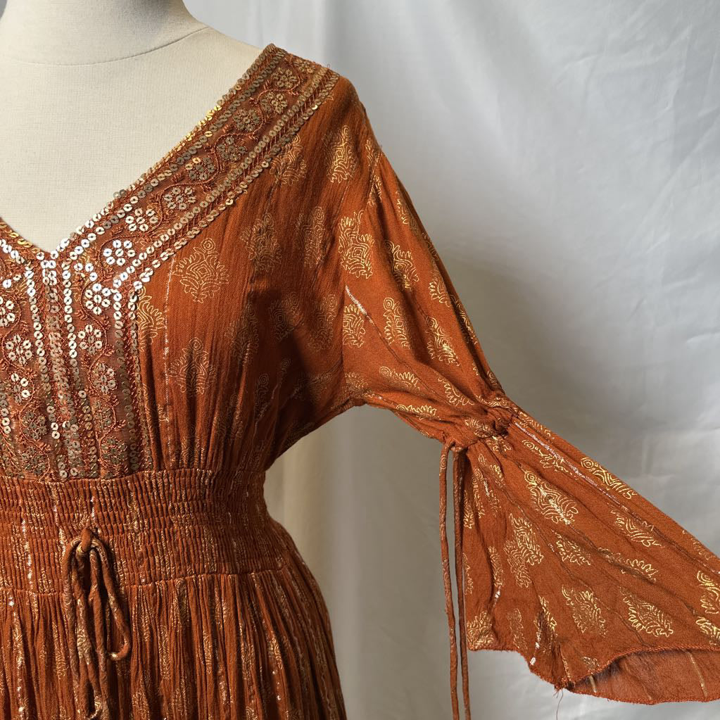 Tan Maxi Boho Dress with Metallic Thread
