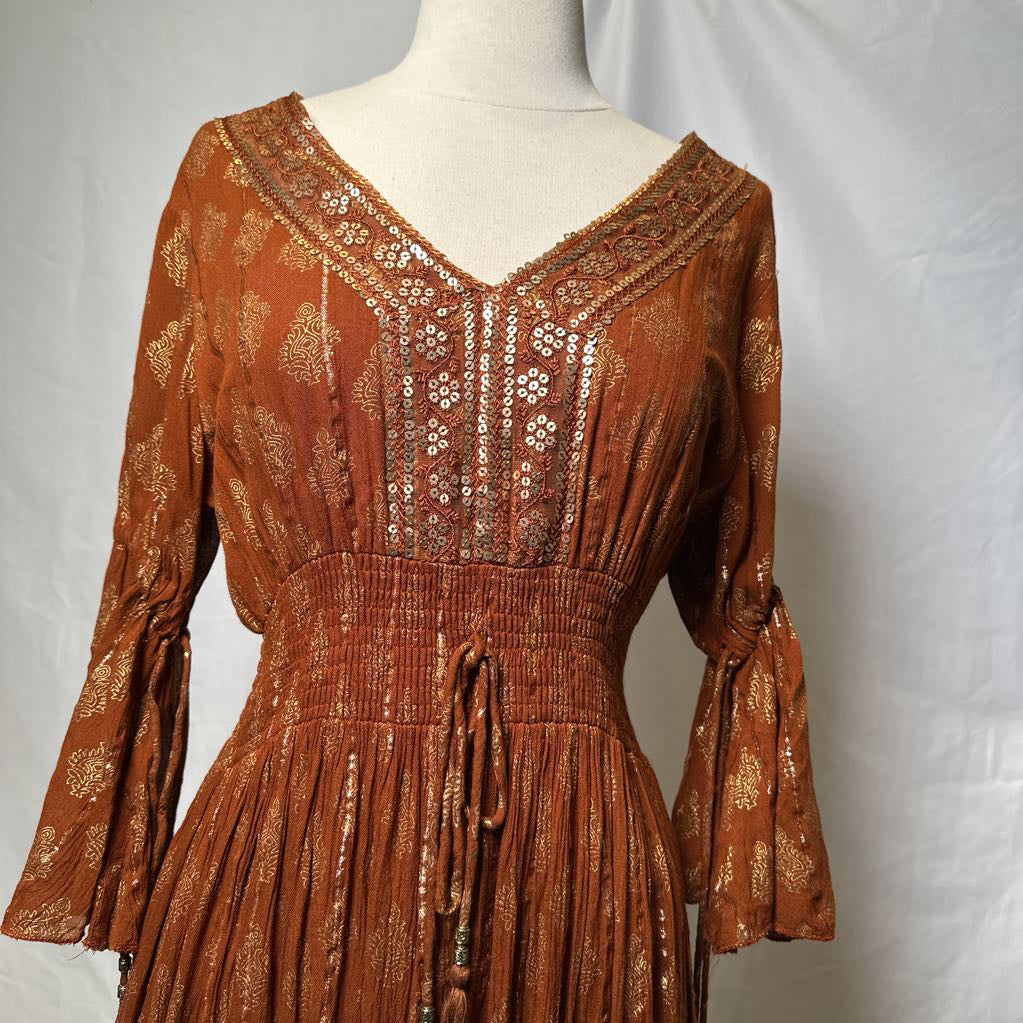 Tan Maxi Boho Dress with Metallic Thread