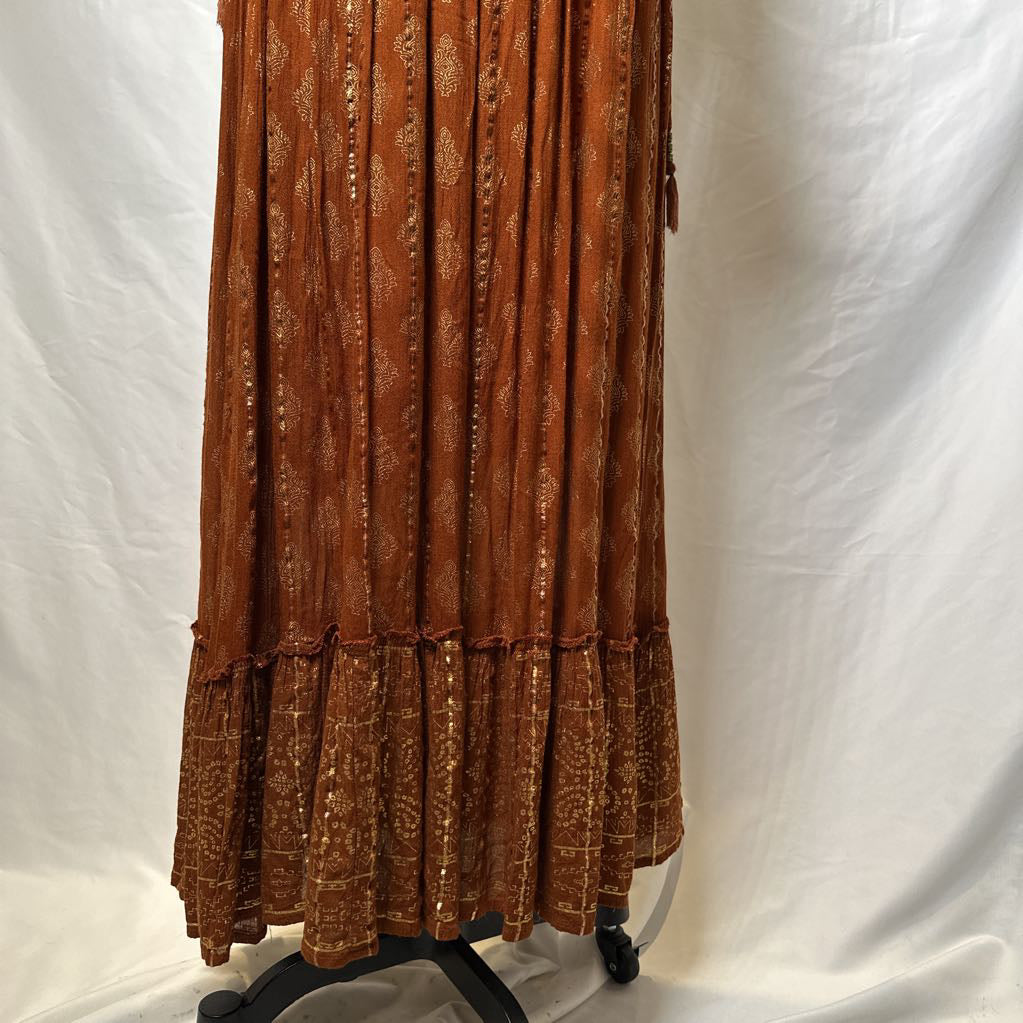 Tan Maxi Boho Dress with Metallic Thread