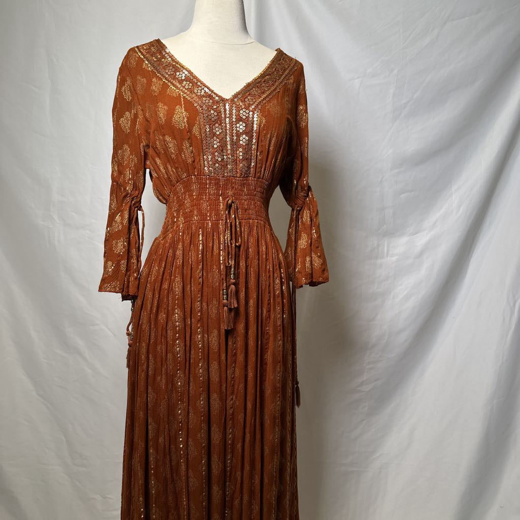 Tan Maxi Boho Dress with Metallic Thread
