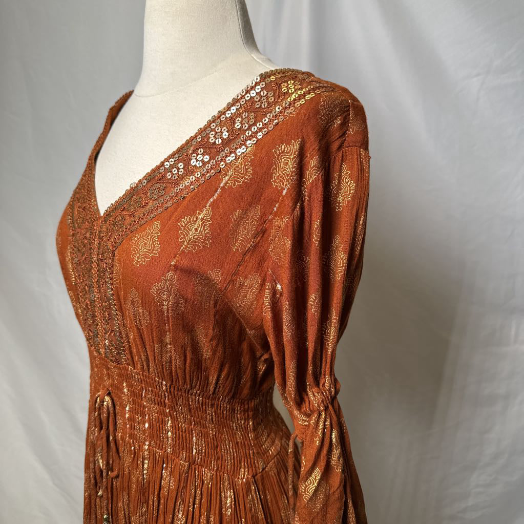 Tan Maxi Boho Dress with Metallic Thread