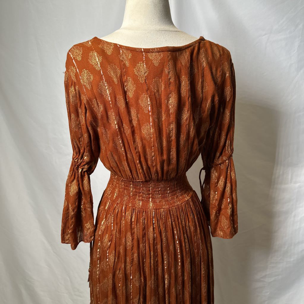 Tan Maxi Boho Dress with Metallic Thread