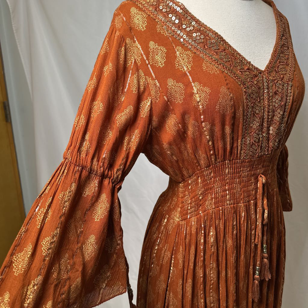 Tan Maxi Boho Dress with Metallic Thread