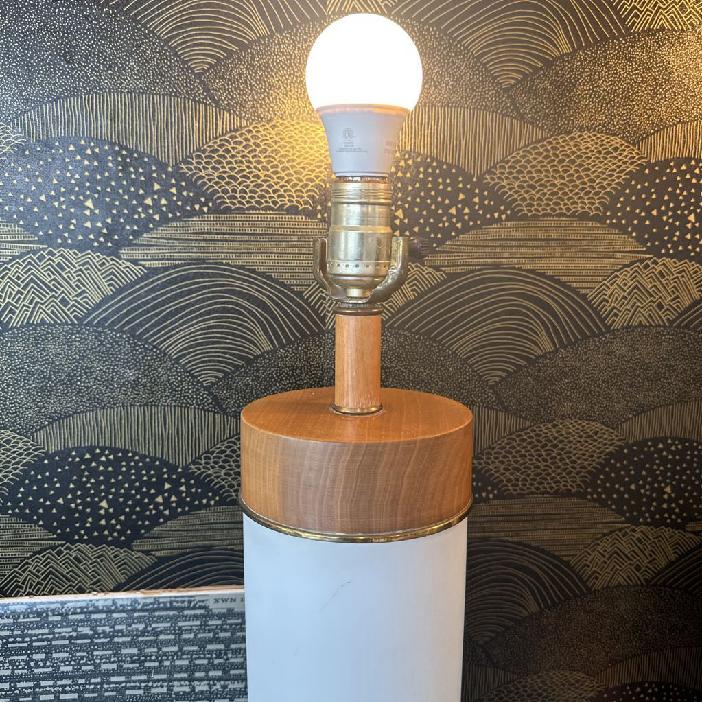 Mid Century Modern Swedish Frosted White Glass Cylinder Table Lamp w/ Brass & Wood Accents