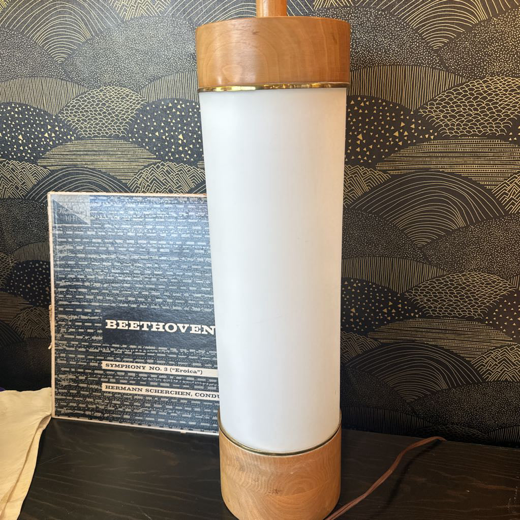 Mid Century Modern Swedish Frosted White Glass Cylinder Table Lamp w/ Brass & Wood Accents