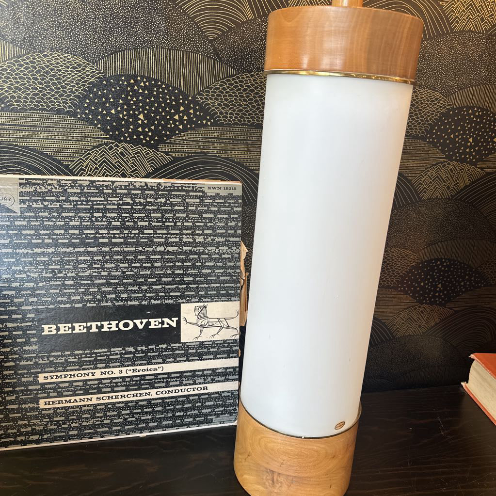Mid Century Modern Swedish Frosted White Glass Cylinder Table Lamp w/ Brass & Wood Accents