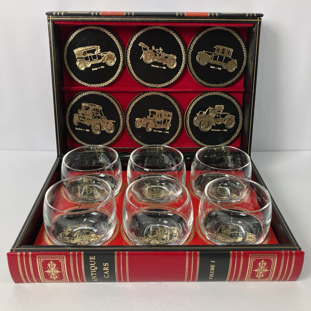 1970s Swank Glassware Set in Antique Cars Book Box